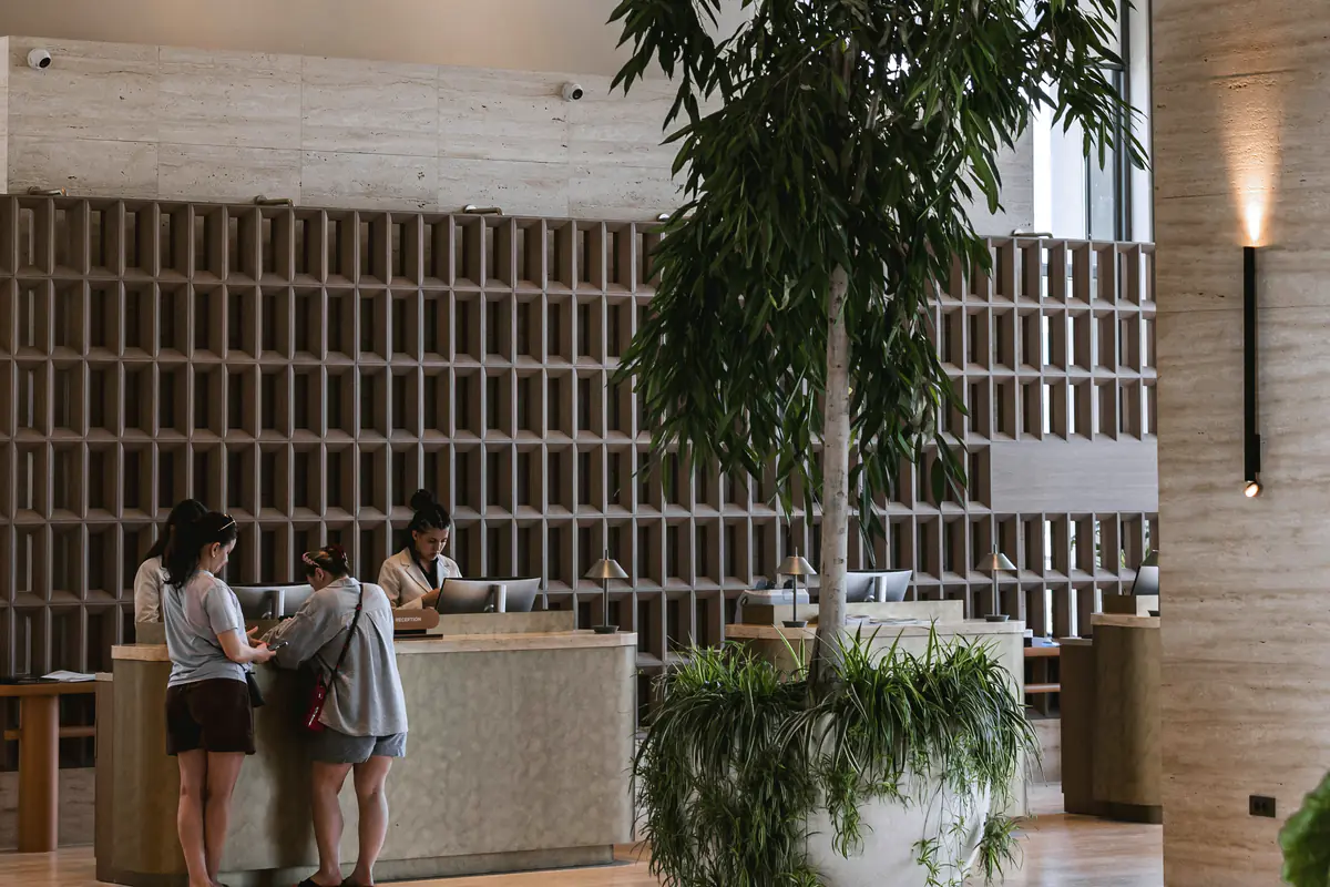 Guests at the reception desk of a modern hotel lobby with a tall indoor tree